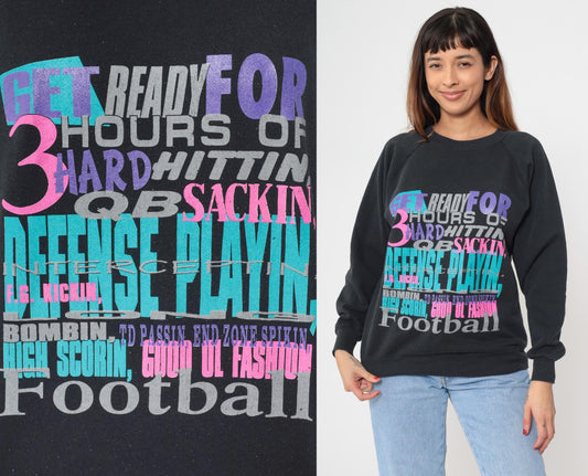 90s Hanes Football Sweatshirt Black Raglan Graphic Crew Neck Medium