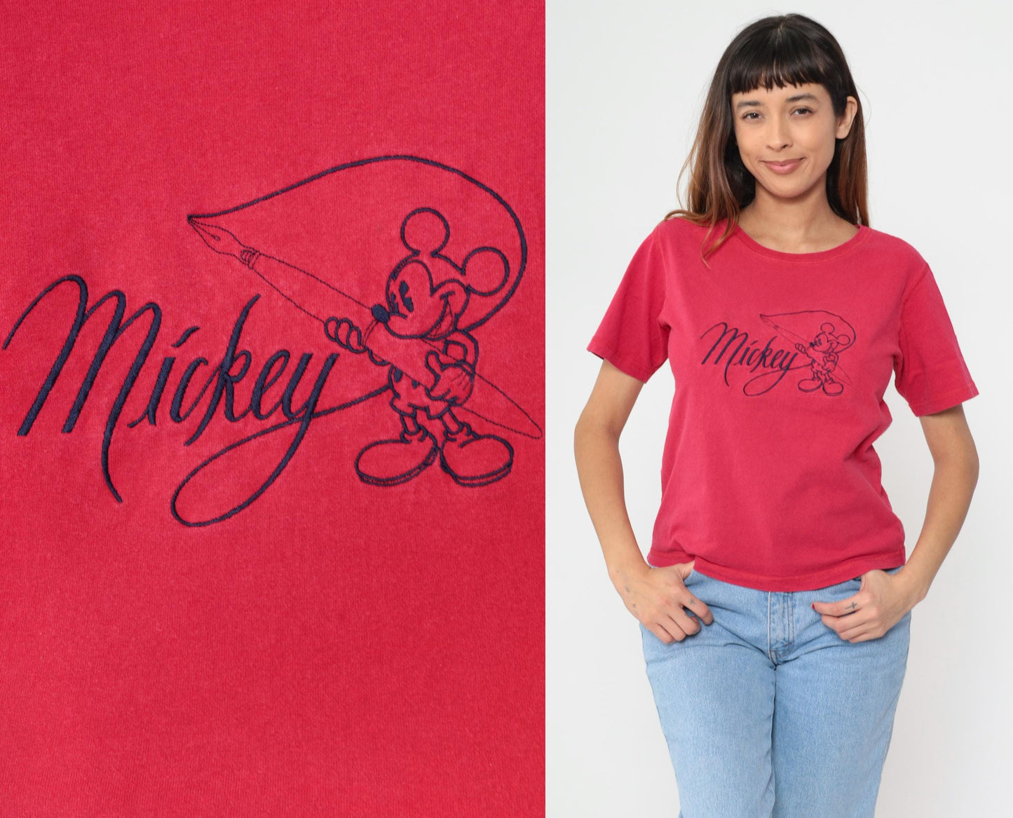90s Mickey Mouse Fishing Graphic T-Shirt Red Cotton Crew Neck Medium M