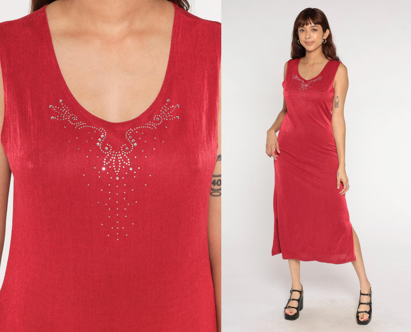 90s Red Rhinestone V-Neck Midi Dress Sleeveless Bodycon Medium M