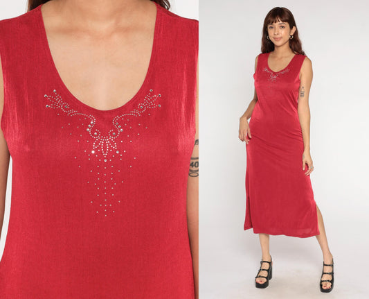 90s Red Rhinestone V-Neck Midi Dress Sleeveless Bodycon Medium M