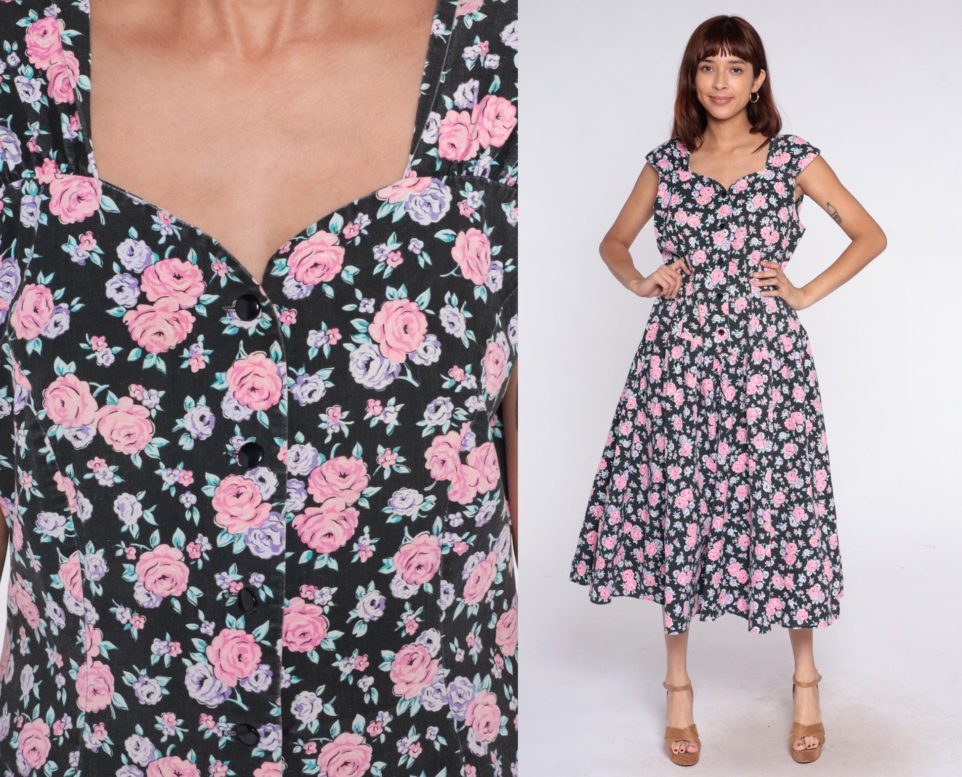 90s Black Floral Midi Dress Pink Rose Lavender Cap Sleeve V-Neck Medium