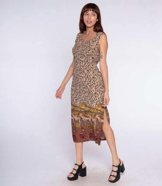 90s California Krush Safari Cheetah Midi Dress Animal Print Cream Medium