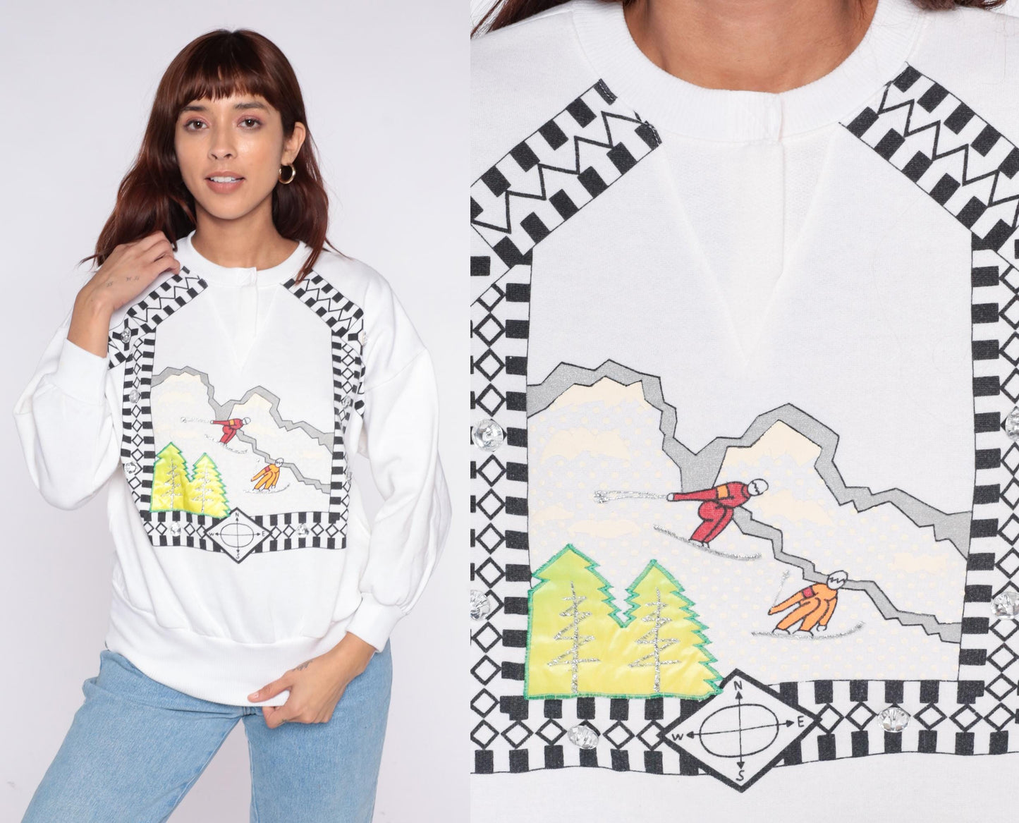 90s Cristina Ski Sweatshirt White Graphic Mountain Scene Crewneck Medium M