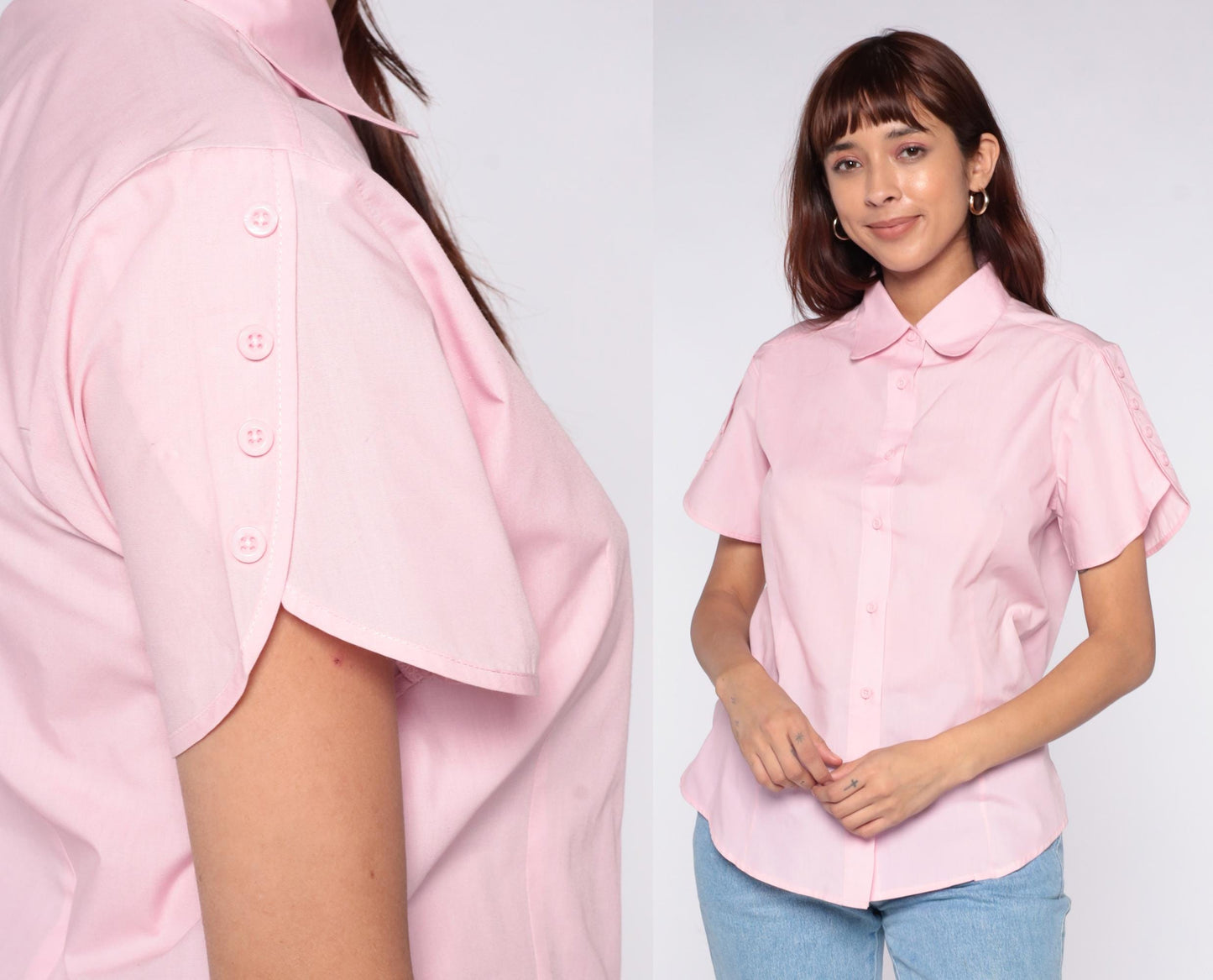 80s American Sweetheart Pink Button-Up Blouse Peter Pan Collar Medium M