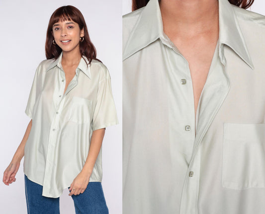 70s Van Heusen Sage Green Short Sleeve Button-Up Shirt Chest Pocket Large L