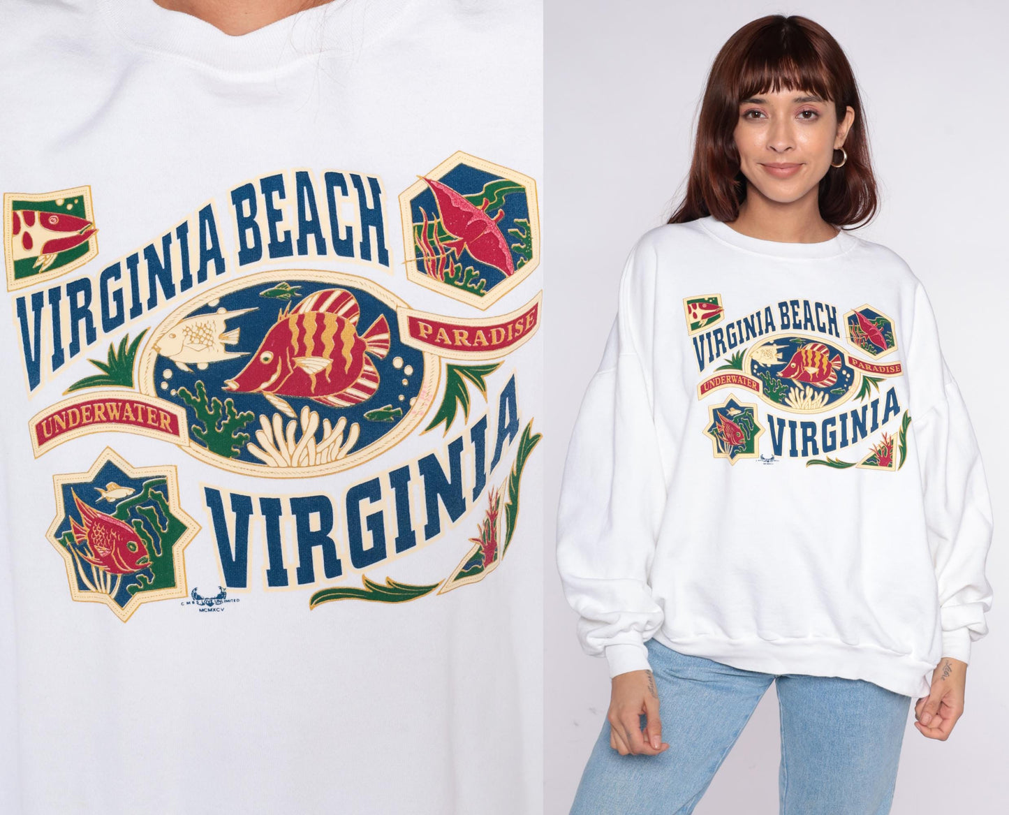 90s Virginia Beach Sweatshirt Plus Size XXL White Tropical Fish Graphic Pullover