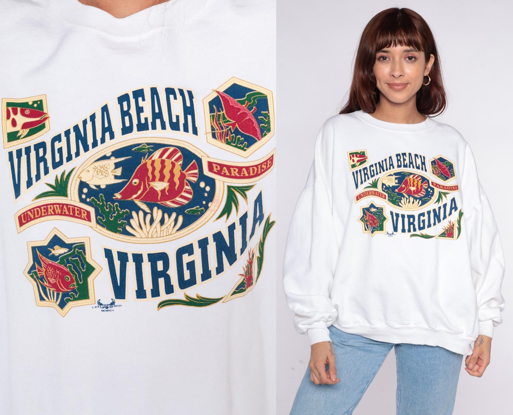90s Virginia Beach Sweatshirt Plus Size XXL White Tropical Fish Graphic Pullover