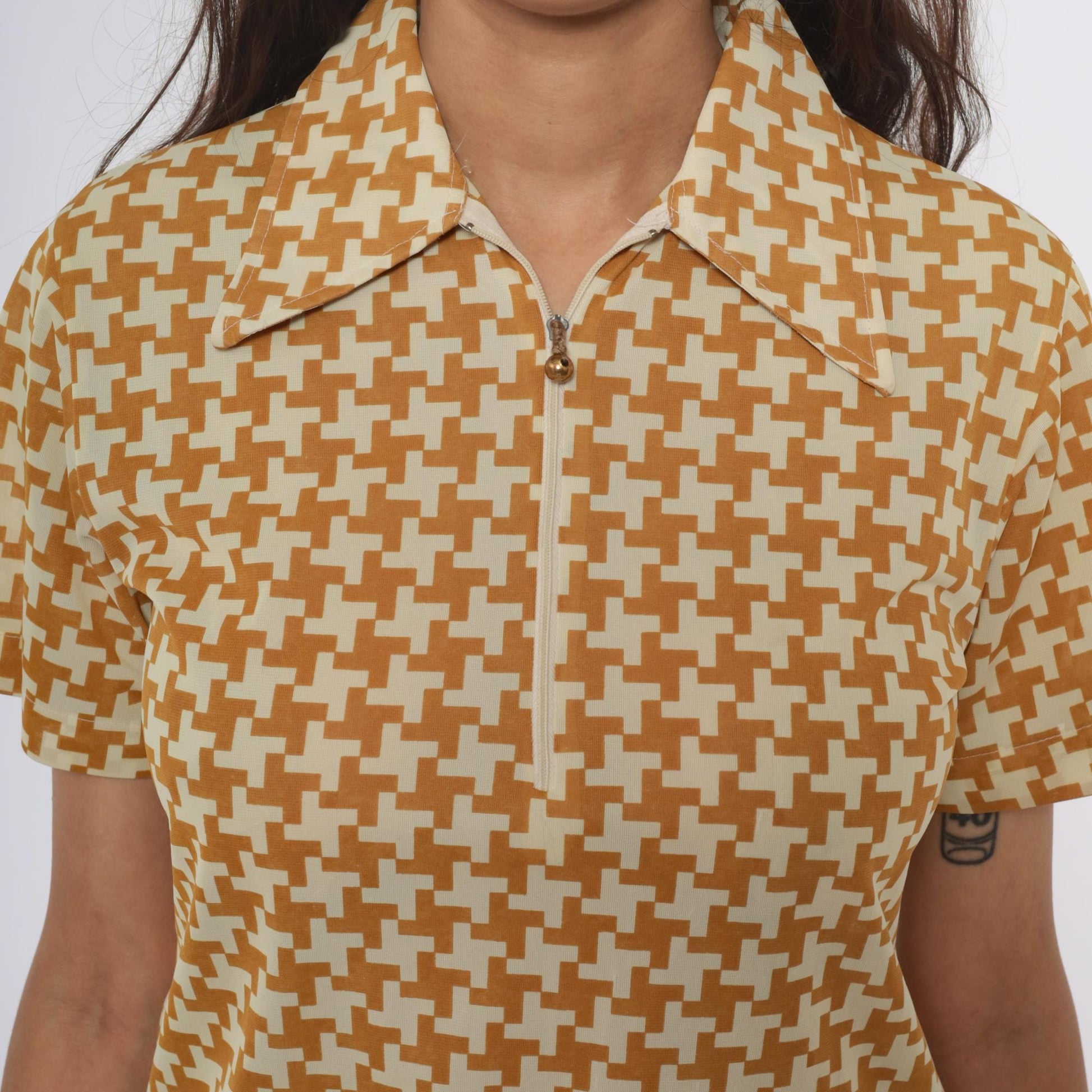 70s Houndstooth Polo Zip Front Collared Shirt Yellow Cream Geometric Extra Small