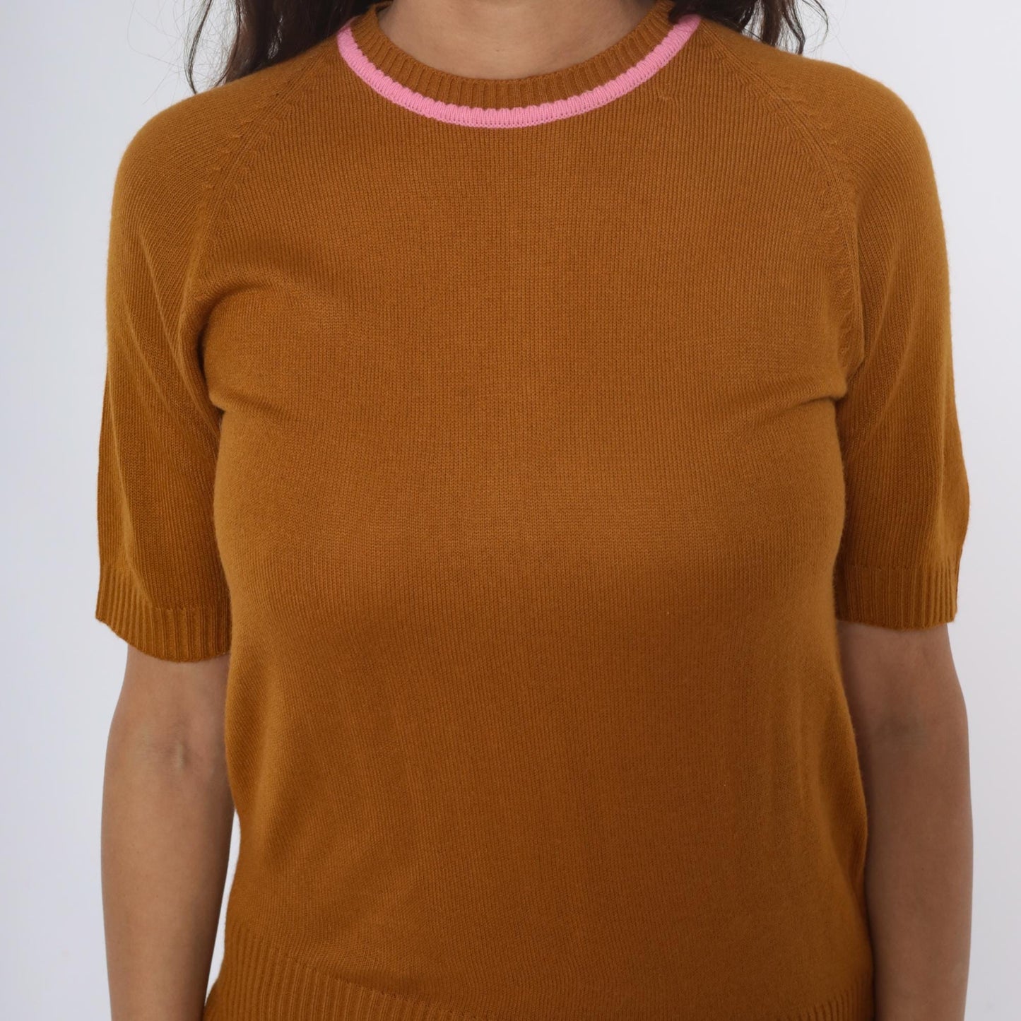 70s Filly Fashion Mustard Knit Sweater Pink Trim Cropped Back Zip Small S