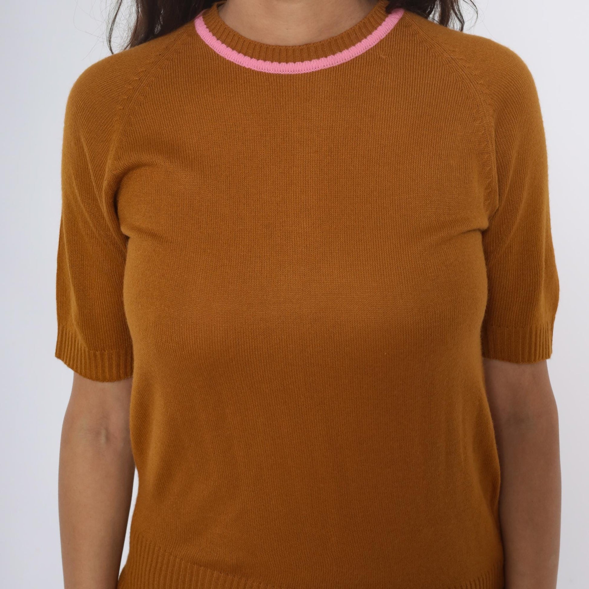 70s Filly Fashion Mustard Knit Sweater Pink Trim Cropped Back Zip Small S