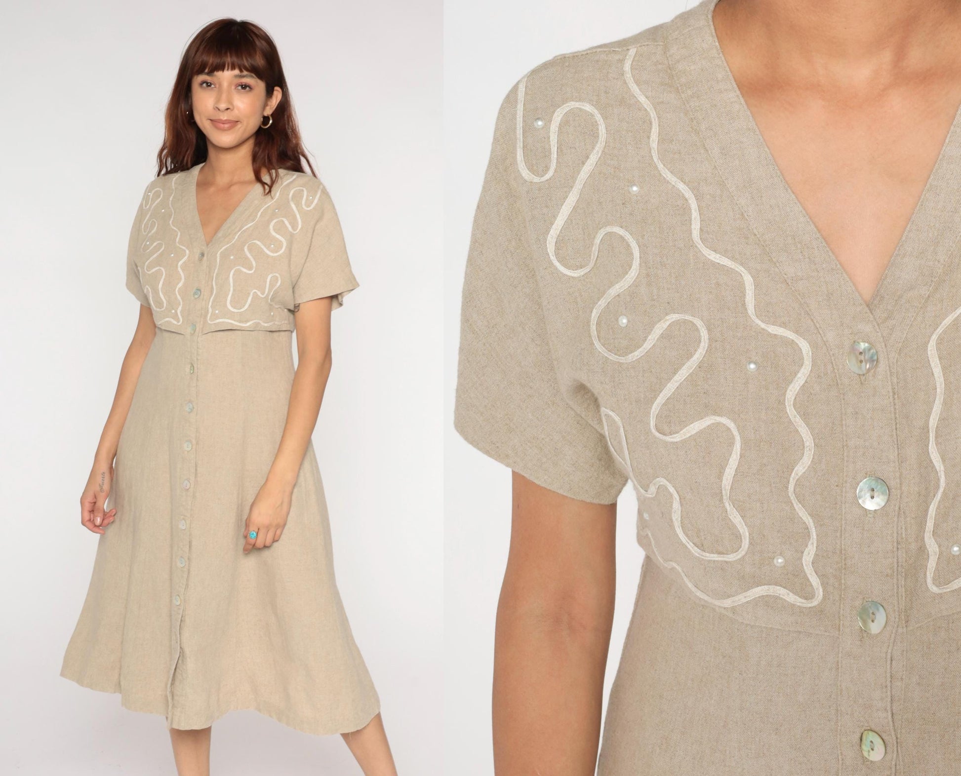 90s Miss Dorby Beige Linen Midi Dress Embroidered Sequin V-Neck Medium