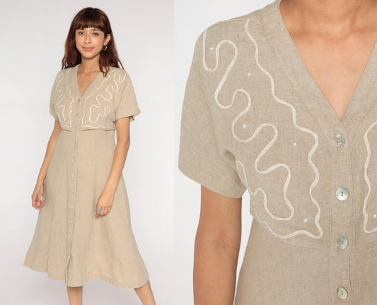90s Miss Dorby Beige Linen Midi Dress Embroidered Sequin V-Neck Medium