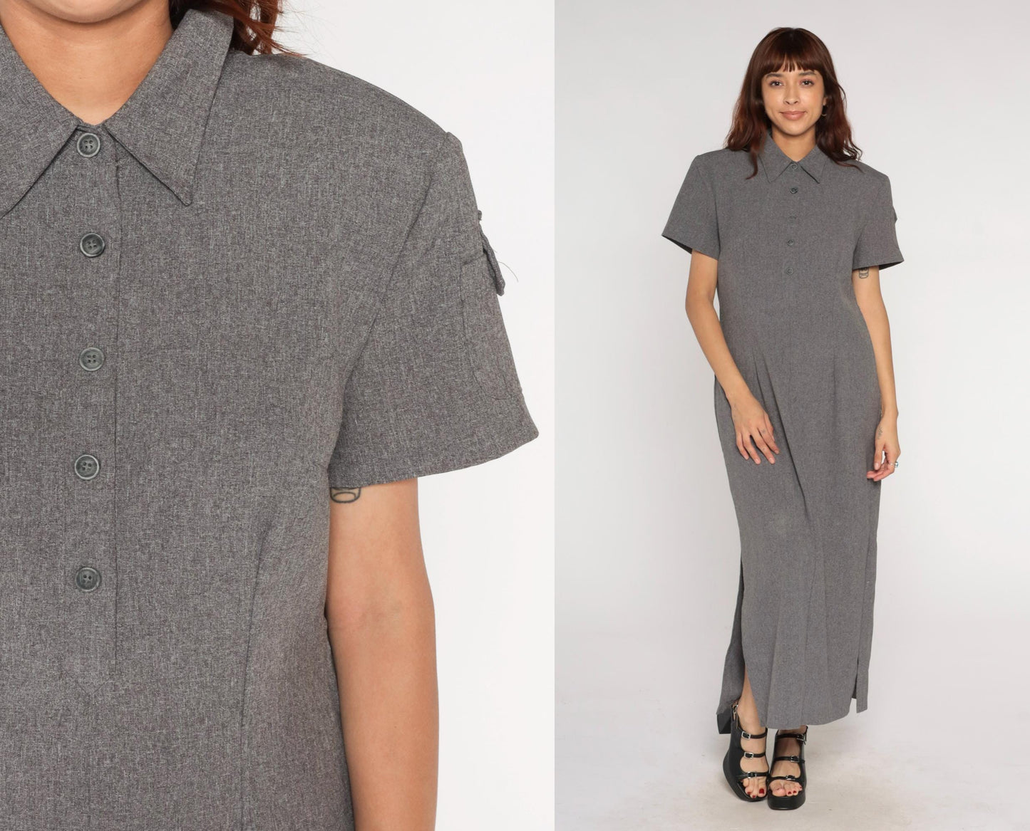 90s Grey Collared Shirt Dress Maxi Polyester Column Short Sleeve Large L