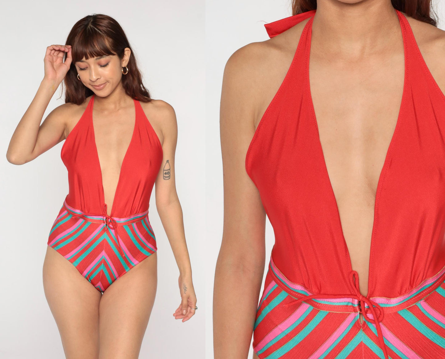 80s Gotter Halter One-Piece Swimsuit Coral Striped Plunge Neck Medium