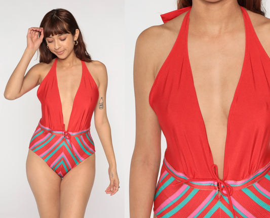80s Gotter Halter One-Piece Swimsuit Coral Striped Plunge Neck Medium