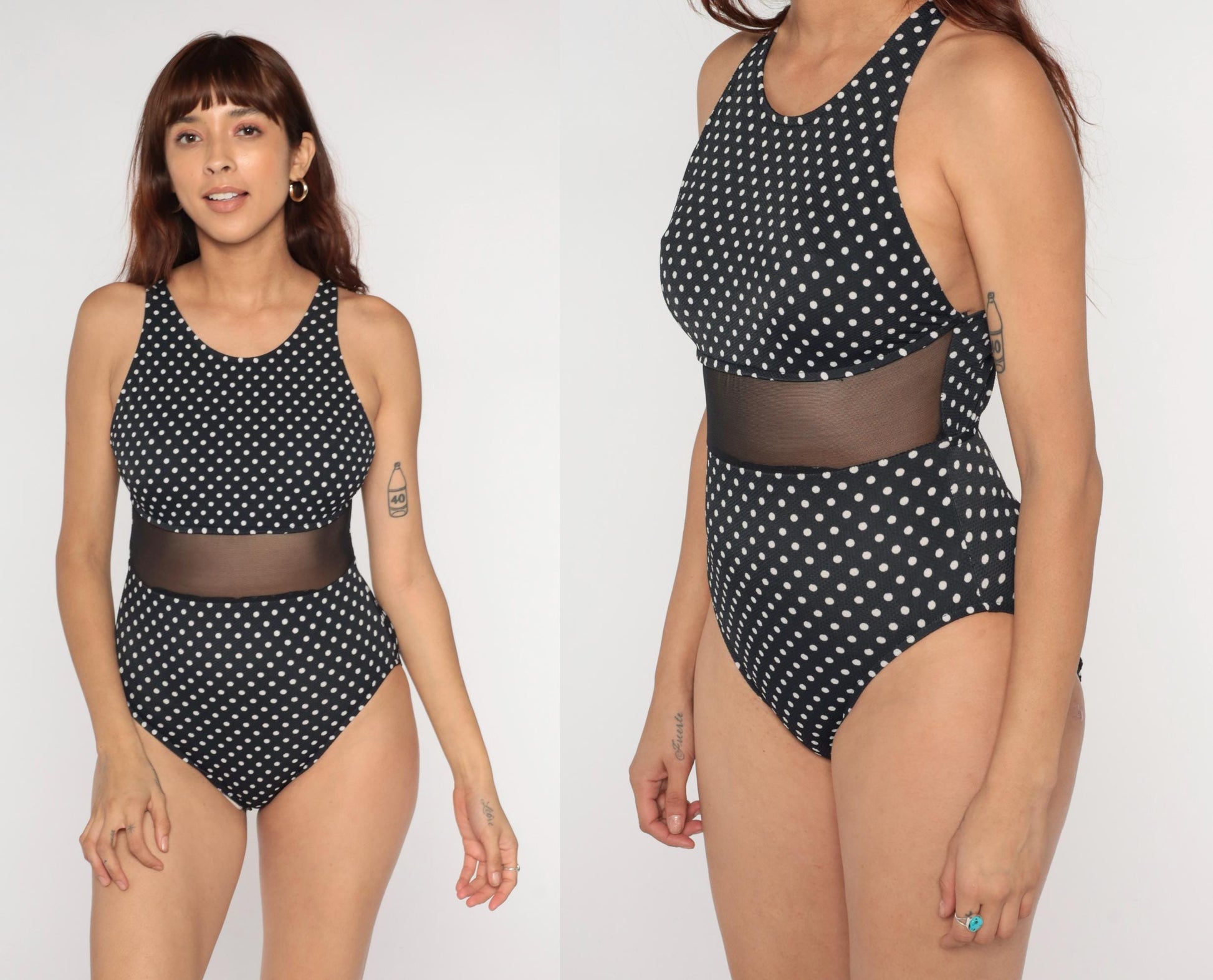 80s Jantzen Black White Polka Dot One-Piece Swimsuit Mesh Panel High Neck Size 12