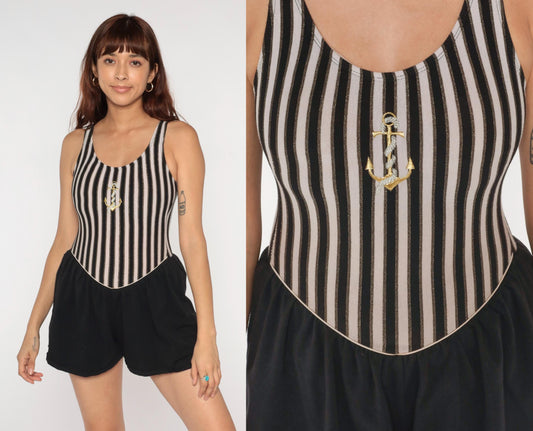 90s Tahiti Black White Striped Nautical One-Piece Swimsuit Anchor Medium