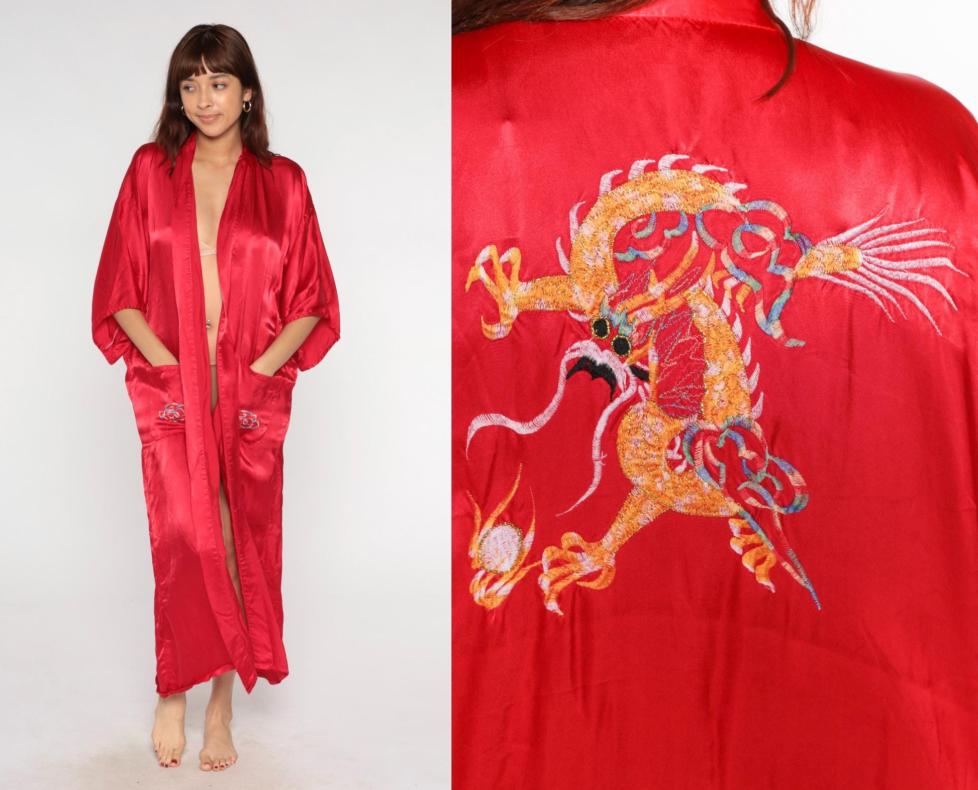 90s Red Satin Dragon Embroidered Kimono Robe Maxi Dressing Gown Extra Large XXL