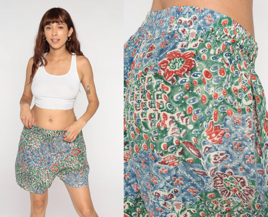 Y2K Solutions Silk Shorts Floral Abstract Blue Green High Rise Medium M