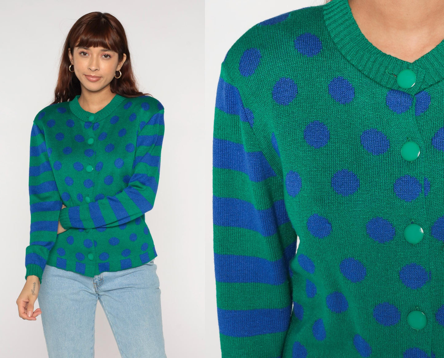 80s Ami Knits Cardigan Green Polka Dot Blue Striped Sleeves Large L
