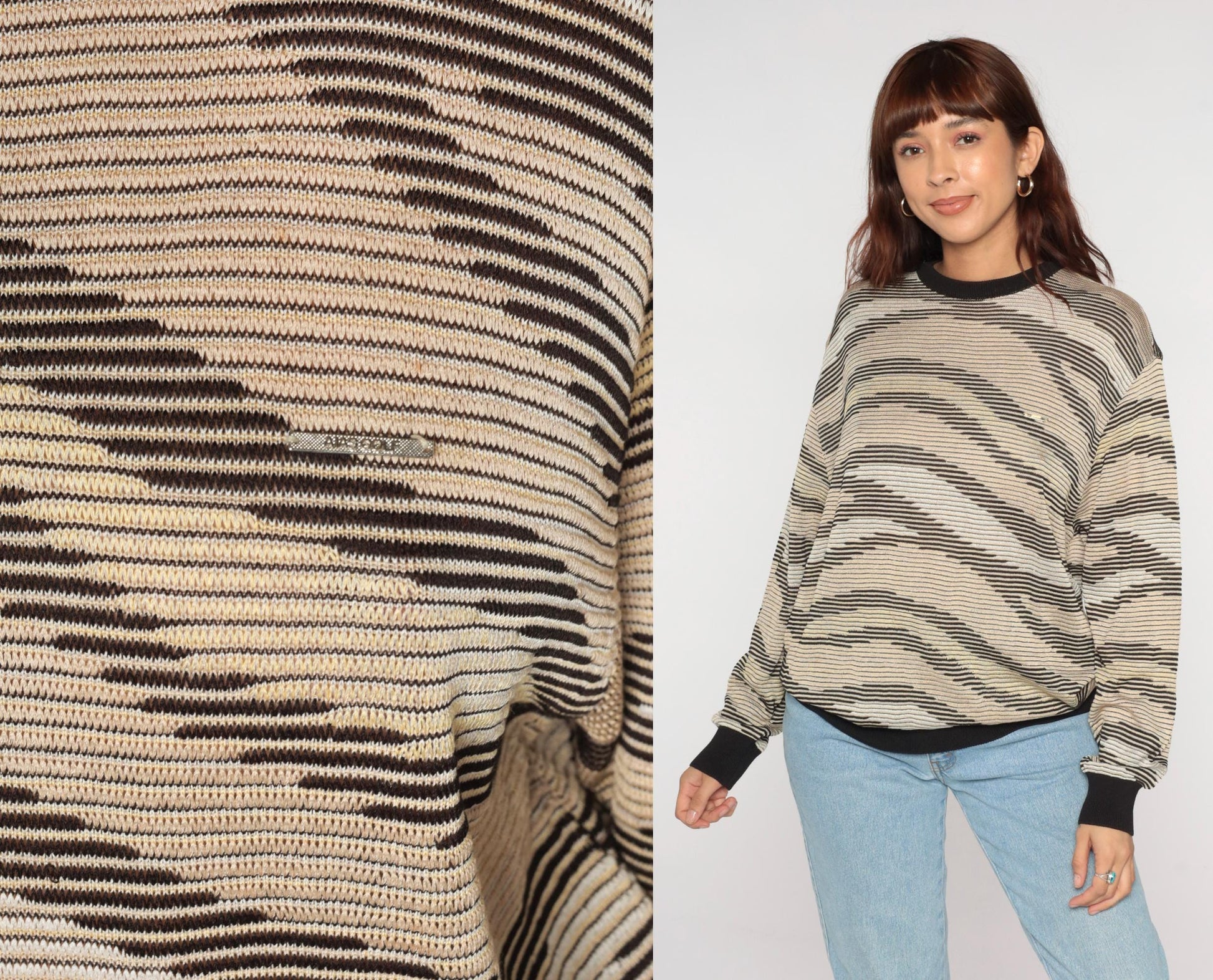 Y2K Aias Golf Striped Sweater Black Beige Cream Knit Pullover Medium M