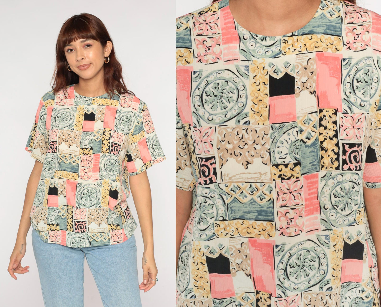 90s Patchwork Tile Print Blouse Pastel Geometric Short-Sleeve Large L