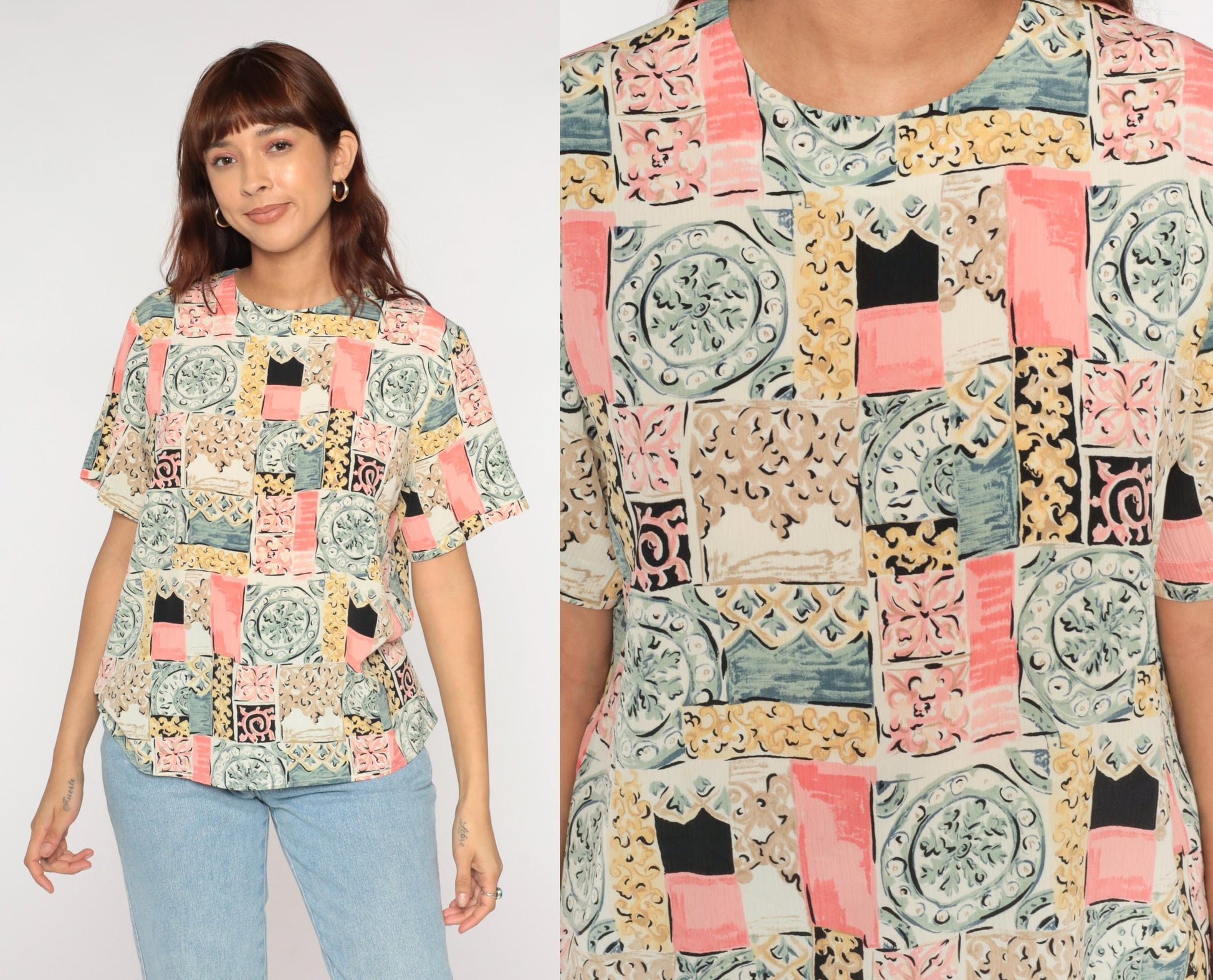 90s Patchwork Tile Print Blouse Pastel Geometric Short-Sleeve Large L