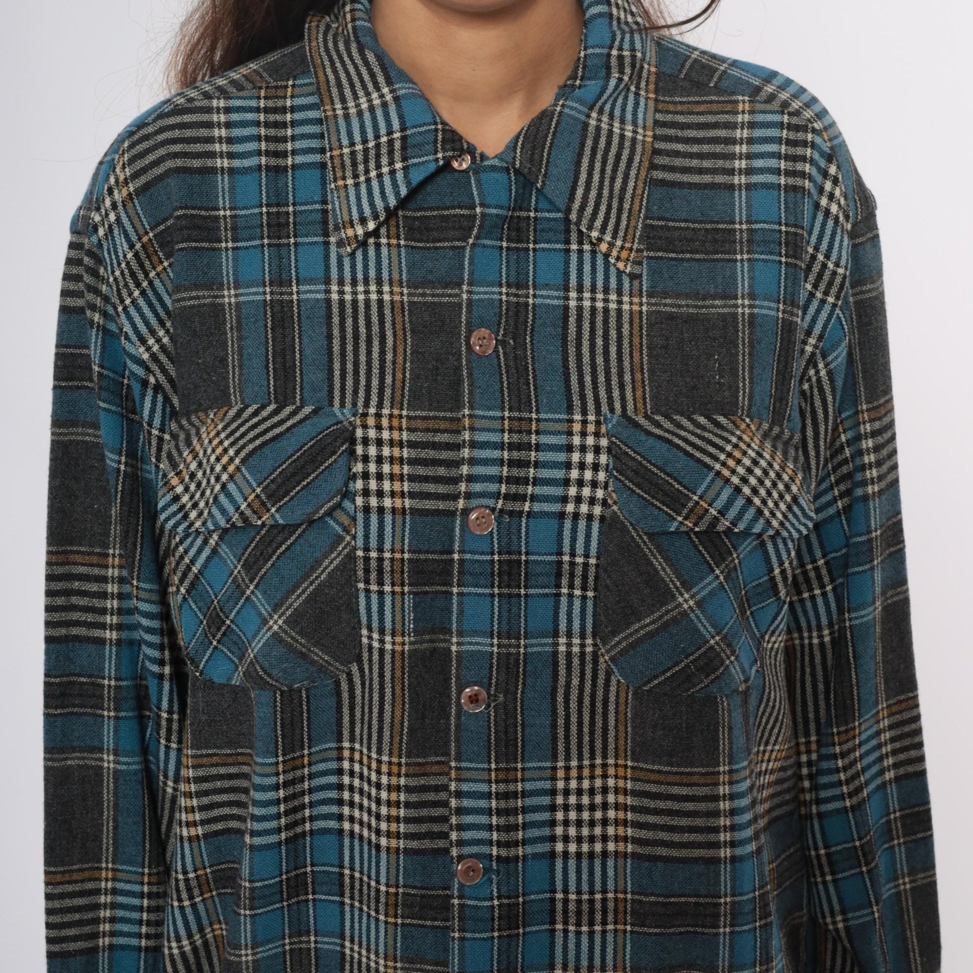 70s Towncraft Plaid Flannel Shirt Jacket Blue Grey Wool Large L