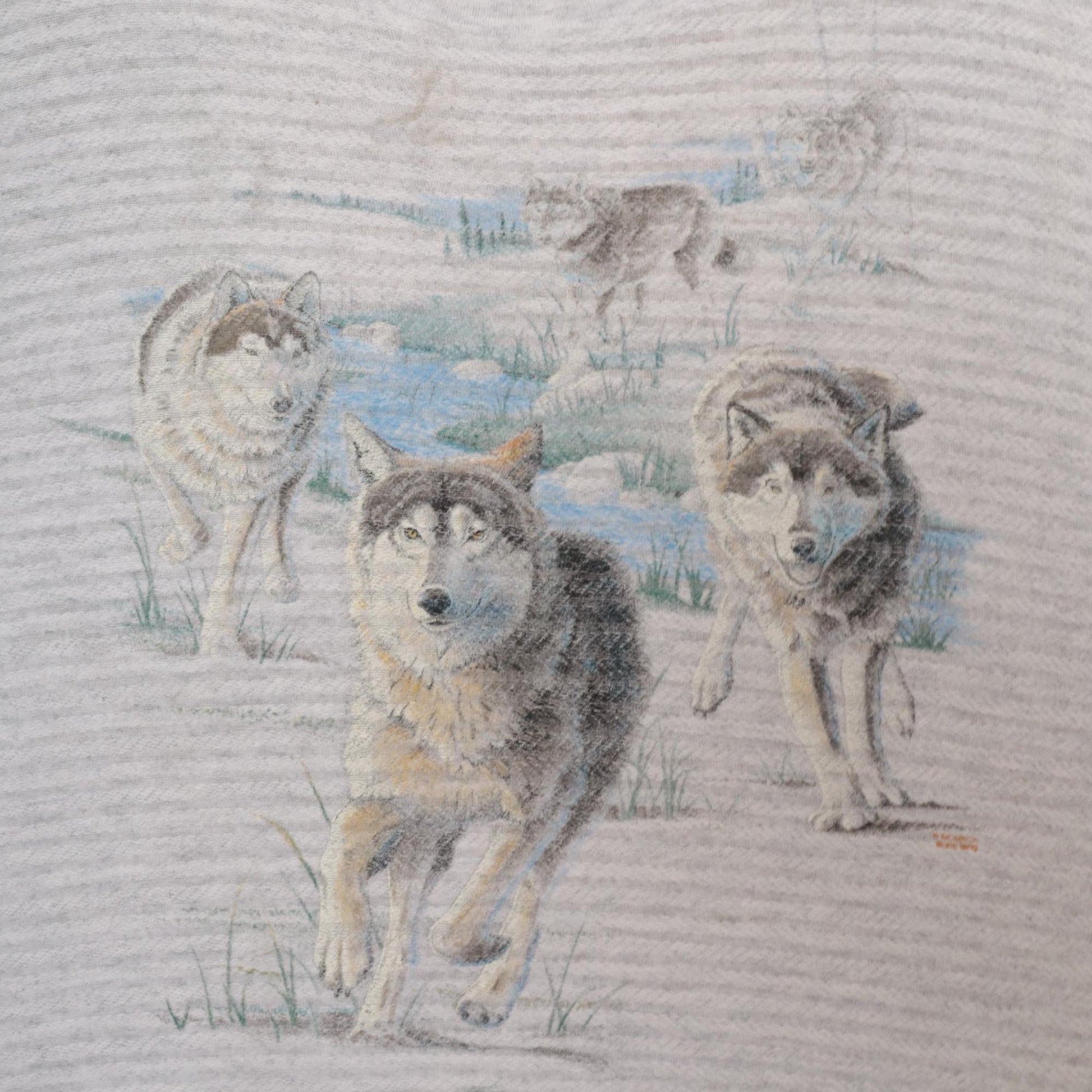 90s Wolf Graphic T-Shirt Grey Cotton V-Neck Animal Print Extra Large XL