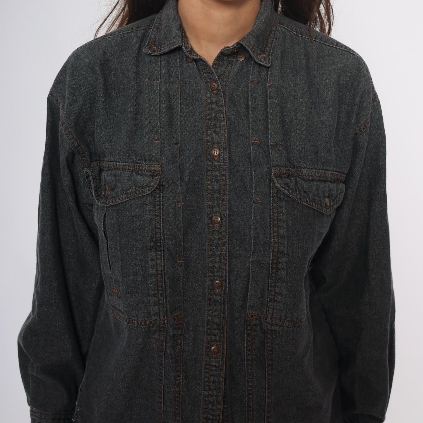 90s Changes Dark Grey Denim Shirt Jacket Cotton Button Front Small