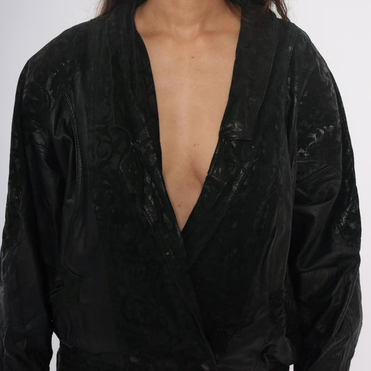 90s Black Leather Bomber Jacket Embossed Shawl Collar Medium M