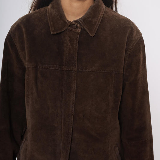 90s Ami Brown Suede Leather Jacket Collared Zip Front Large L