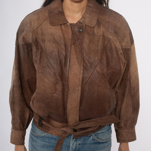 90s Adventure Bound Brown Leather Jacket Cropped Belted Small S