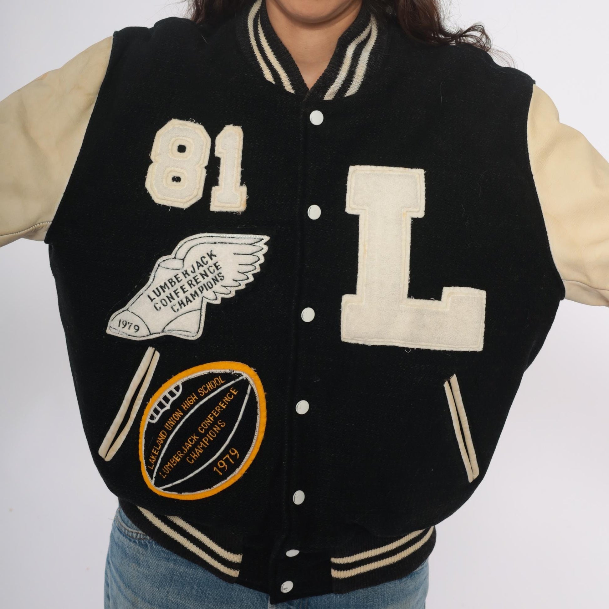 80s Golden Threads Varsity Jacket Wool Leather Black Cream Lumberjack Patches Large