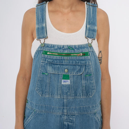 Y2K Liberty Light Blue Denim Overalls Green Stitching Carpenter Large L
