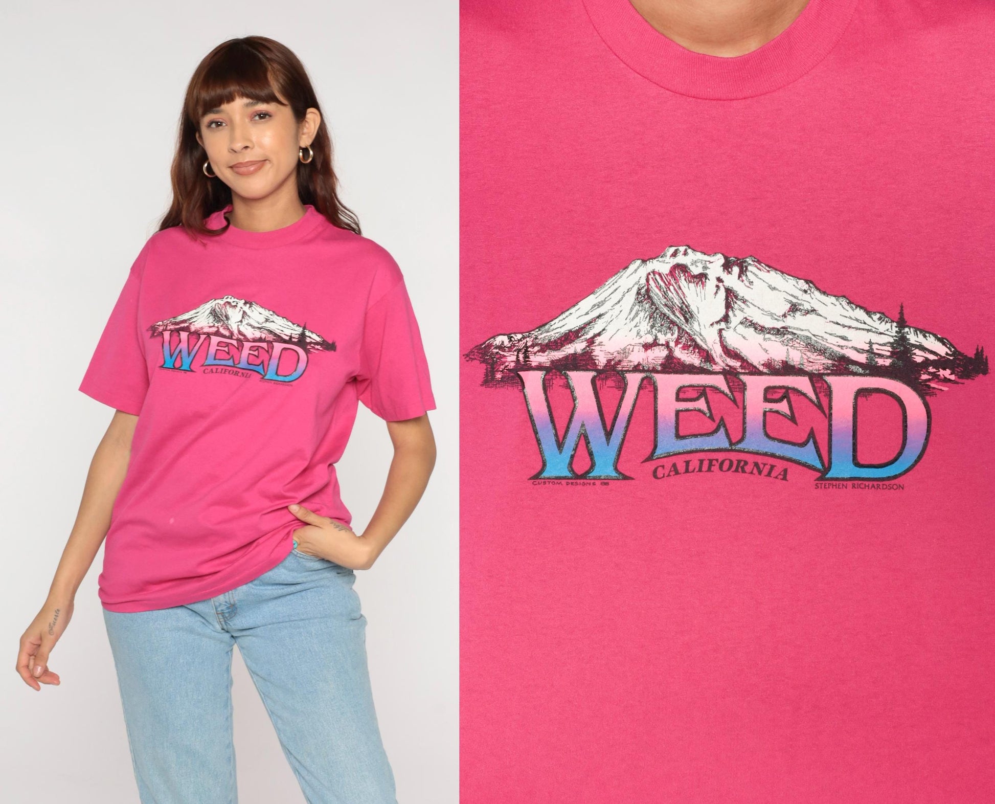 80s Weed California Mountain Graphic T-Shirt Hot Pink Hanes Large L