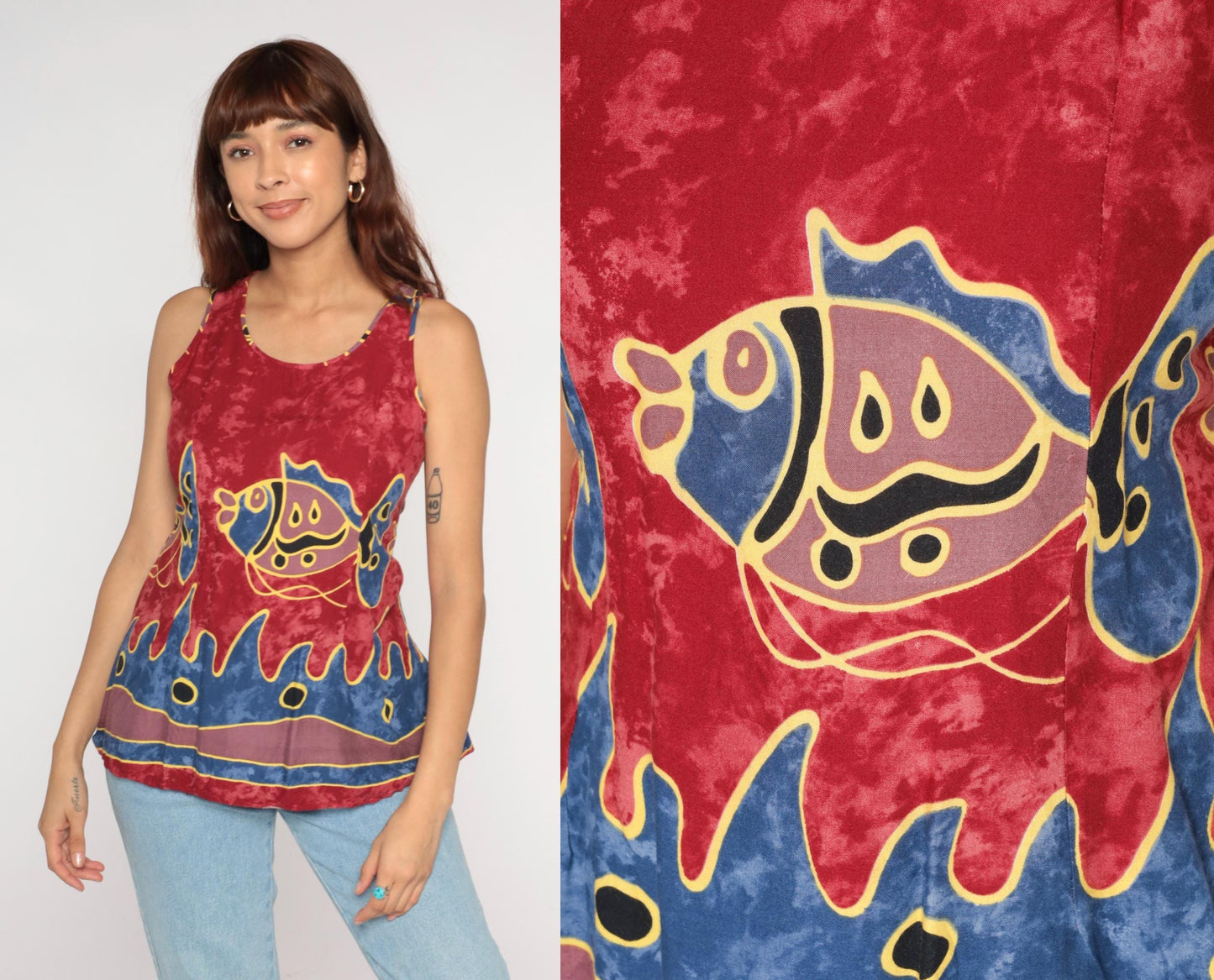 Y2K Ligayas Fish Tank Top Red Tie-Dye Abstract Print Blue Yellow Small