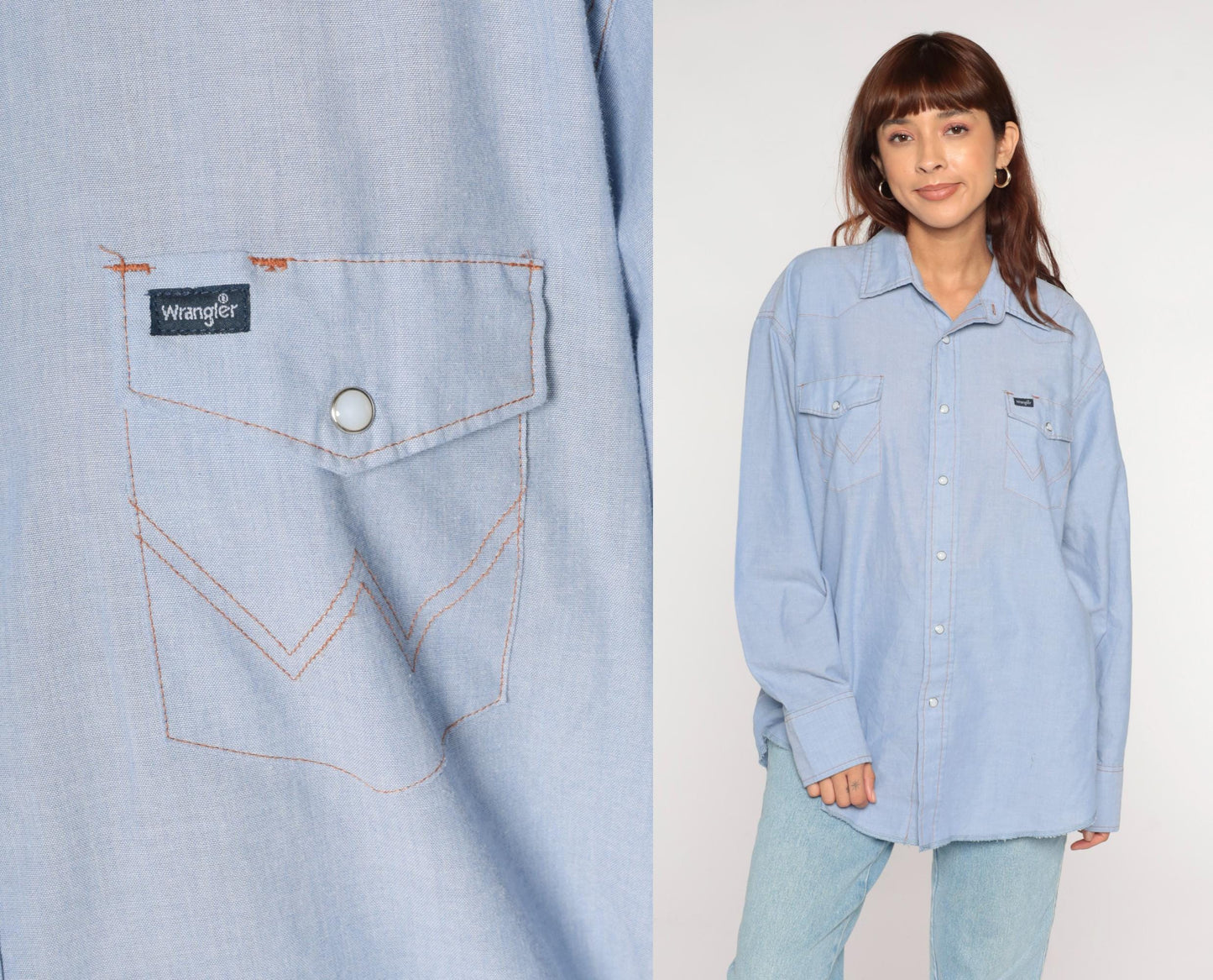 90s Wrangler Light Blue Chambray Pearl Snap Western Shirt Extra Large XXL