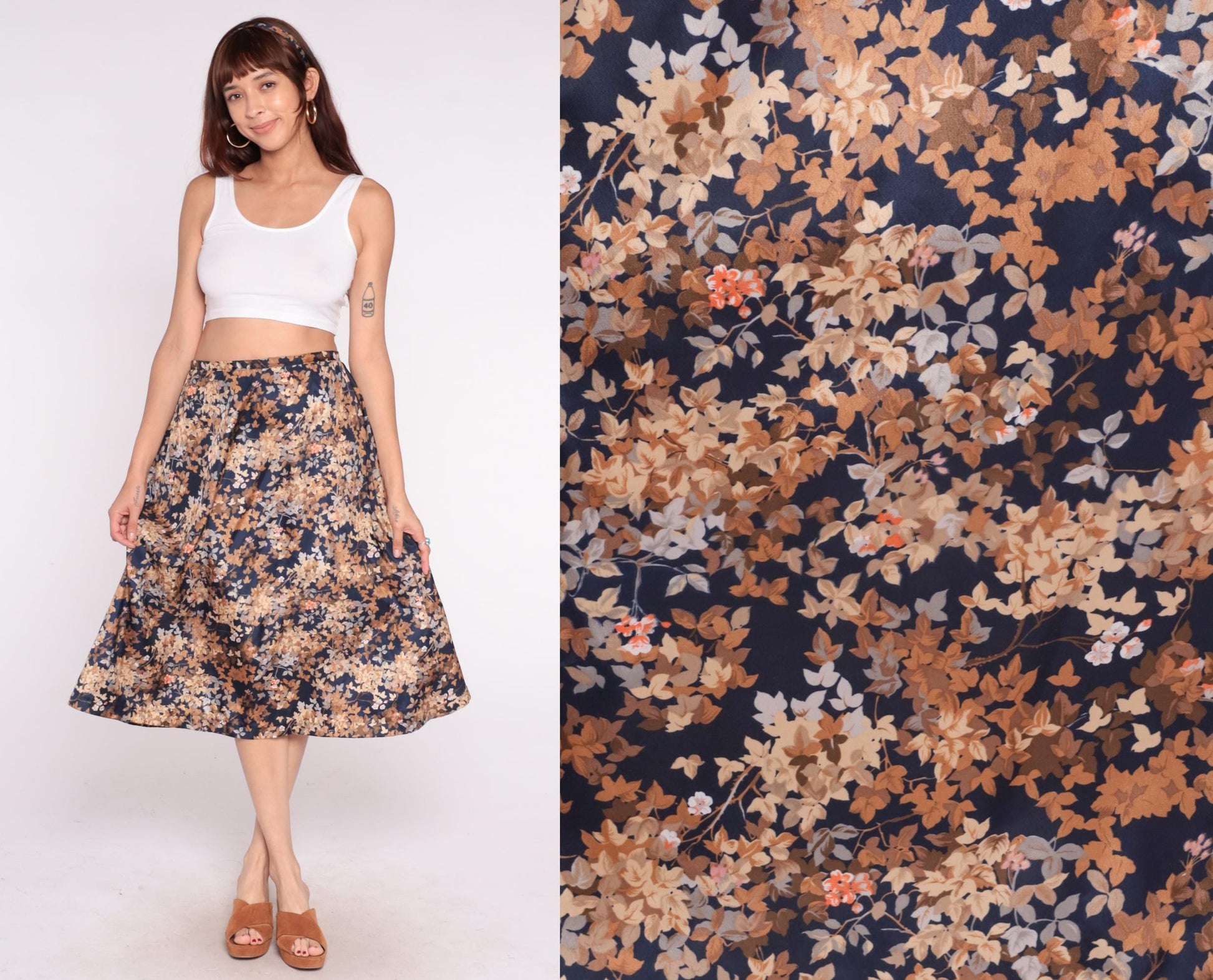 80s Navy Floral Midi Skirt Tie Waist A-Line Peach Tan Brown Large L
