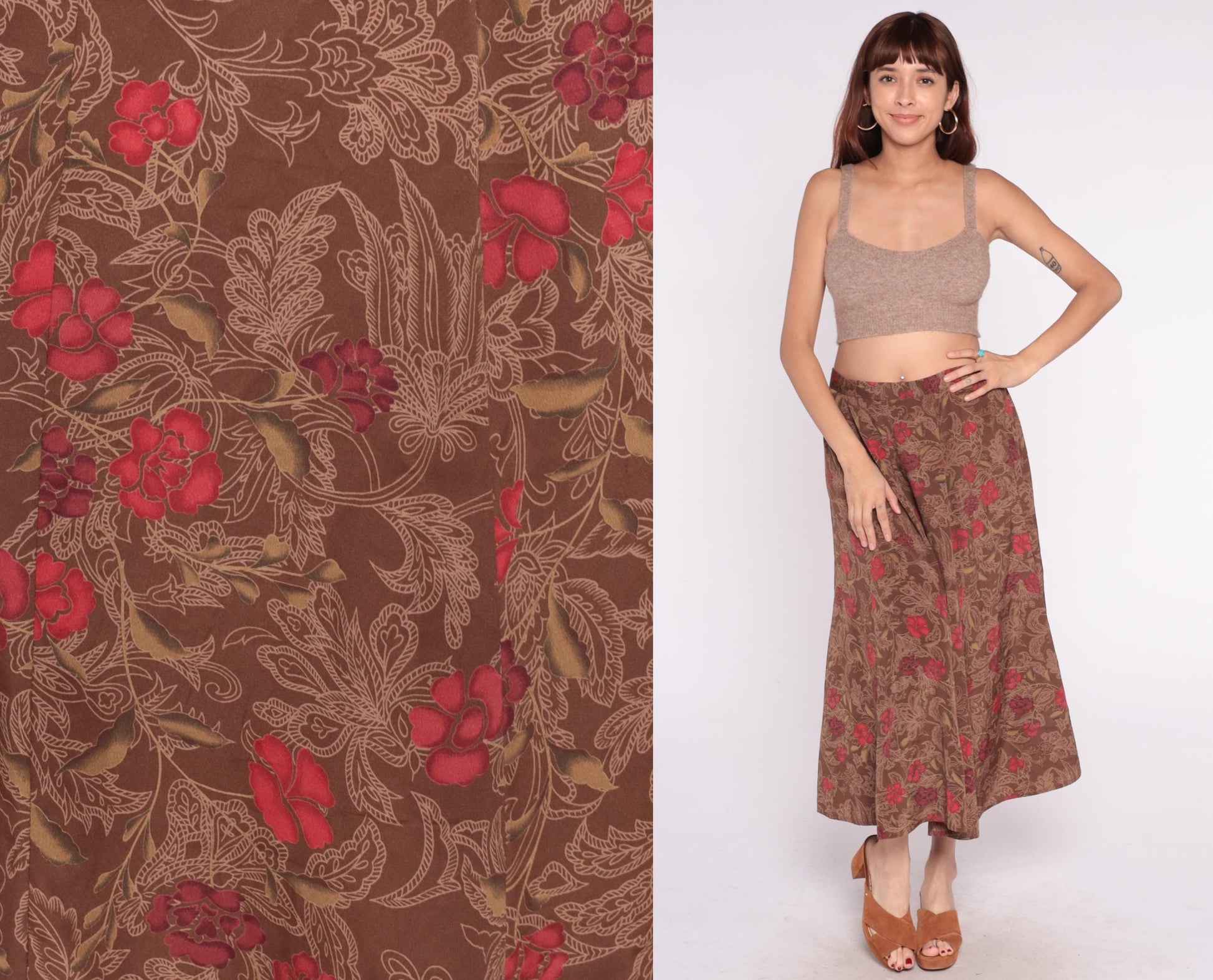 90s Brown Floral Maxi Skirt Red Burgundy Paisley Elastic Waist Large