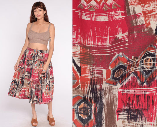 80s Southwestern Geometric Midi Skirt Red Pink Black Tan Cotton High Waist Medium