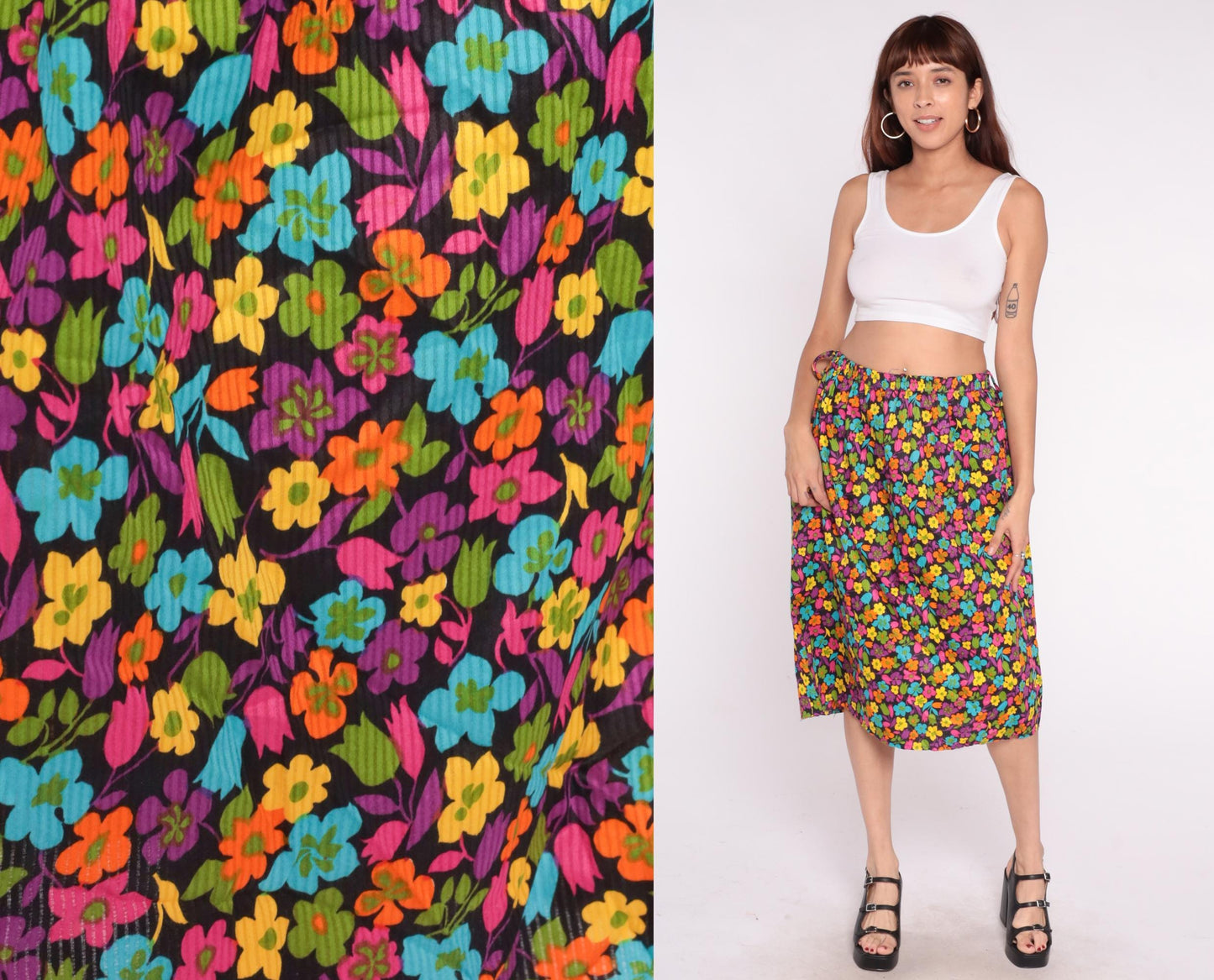 90s Black Floral A-Line Skirt Multicolor Drawstring Cotton Medium
