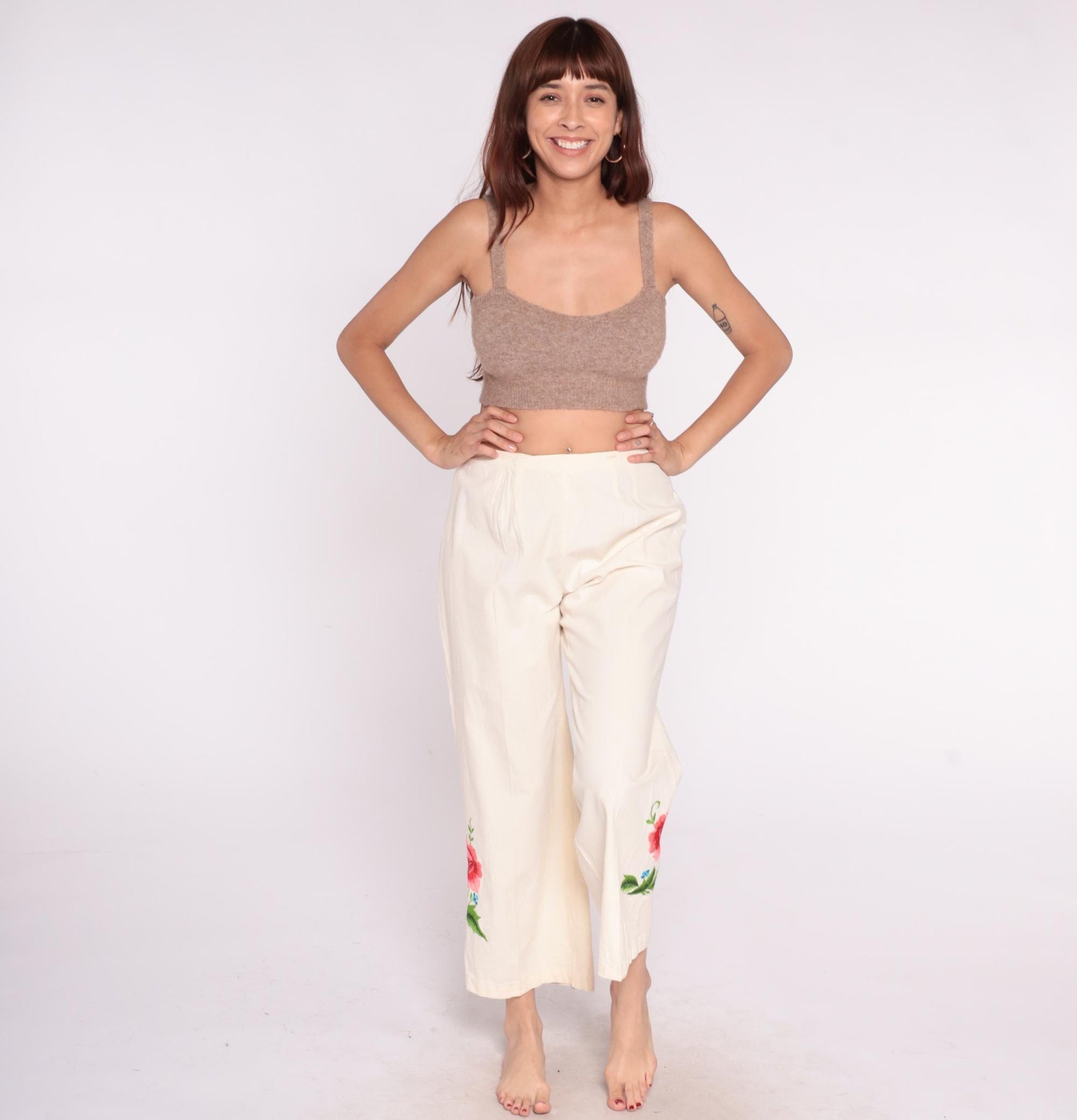 80s Floral Embroidered Cream Wide Leg Pants High Waist Palazzo Cotton Medium