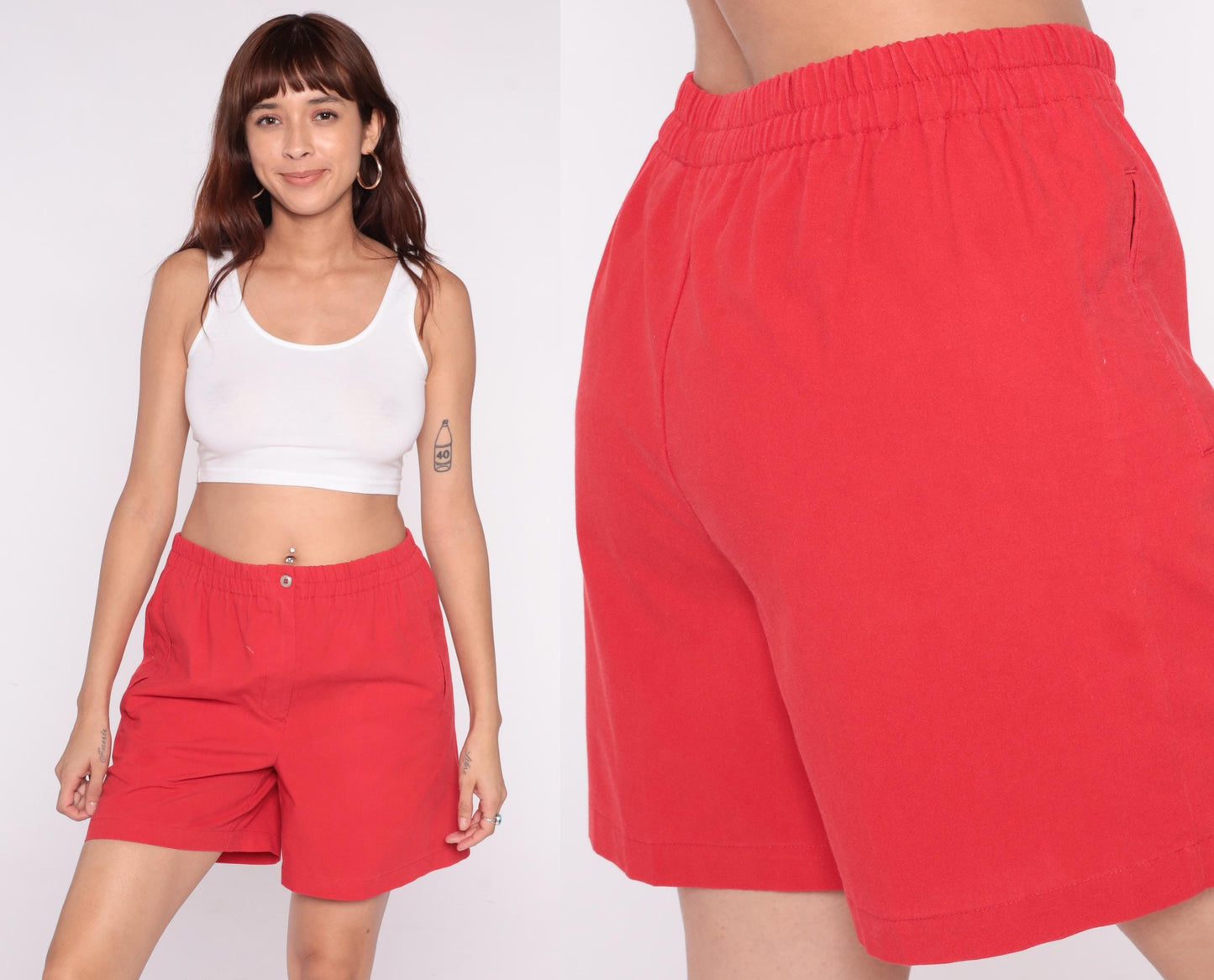90s Karen Scott Red Cotton Shorts High Waisted Elastic Waist Small