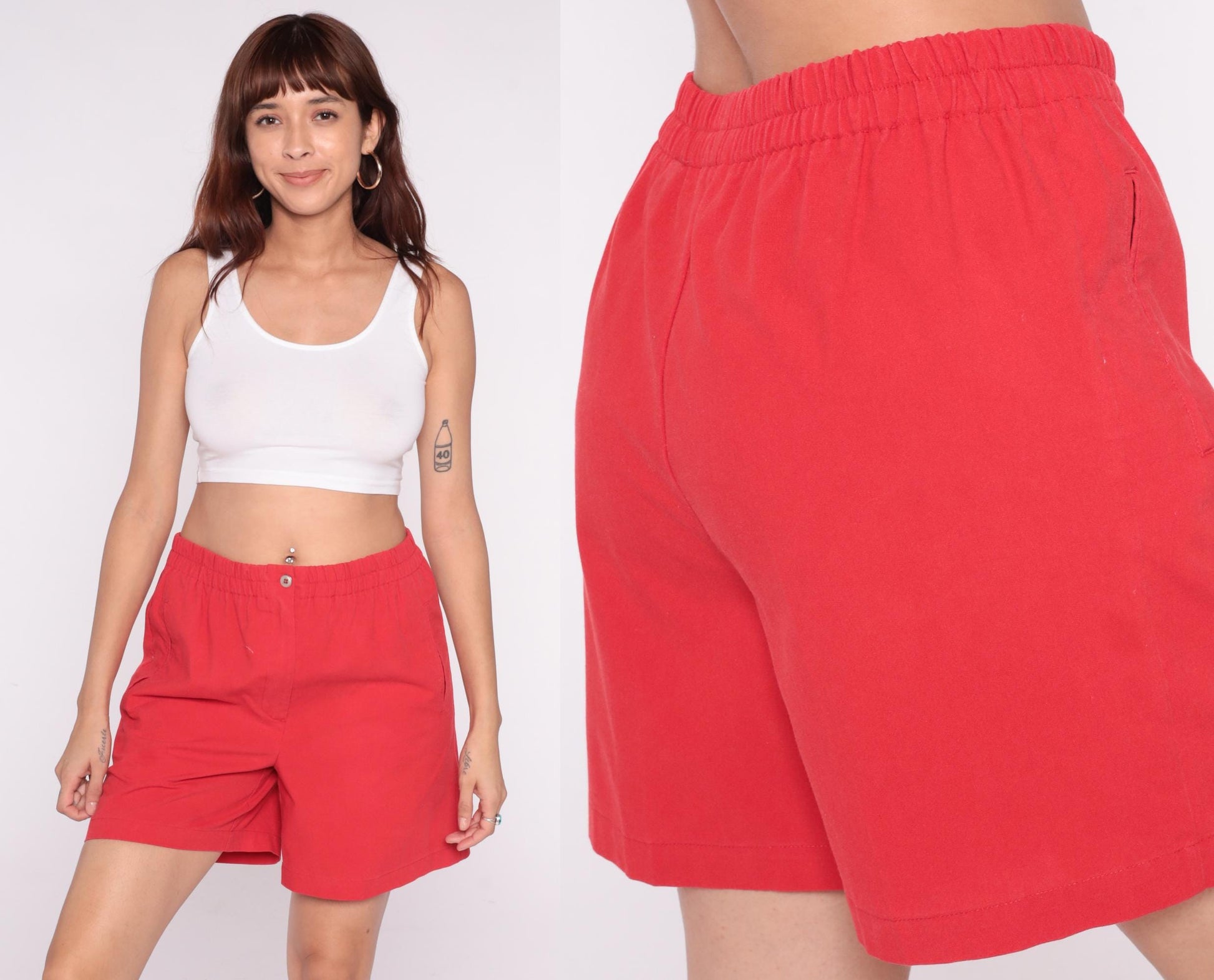 90s Karen Scott Red Cotton Shorts High Waisted Elastic Waist Small