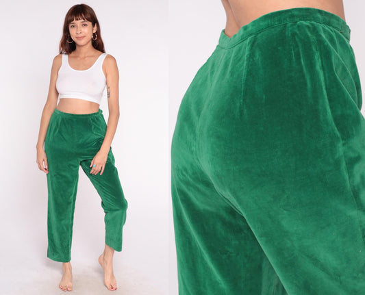 70s Evan Picone Velvet Pants Emerald Green High Rise Straight Leg Medium
