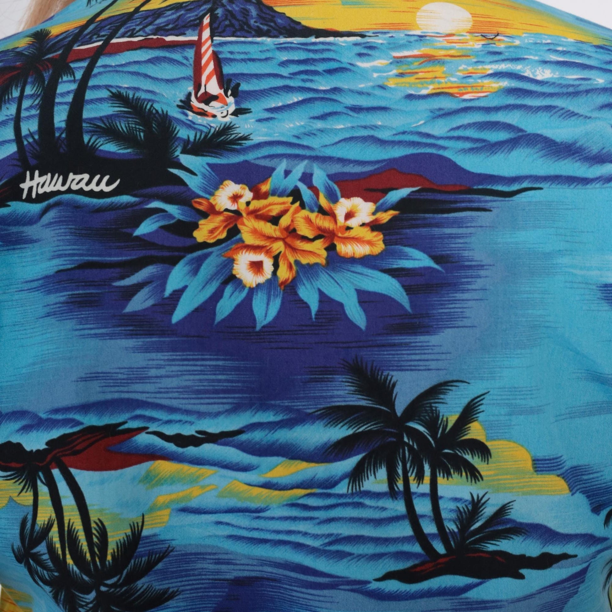 90s Royal Hawaiian Creations Tropical Shirt Turquoise Palm Tree Cotton Small S