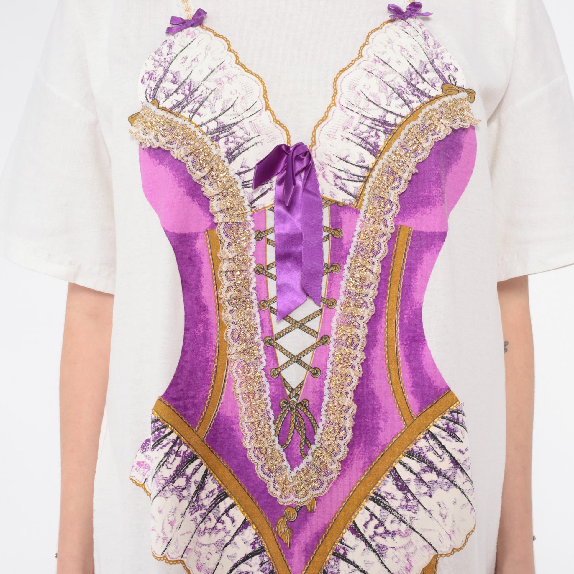90s Heart To Heart Corset Print Nightshirt White Purple Graphic Sleep Tee One Size