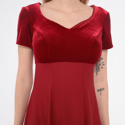 Y2K Burgundy Velvet Maxi Dress Empire Waist Color Block Small S