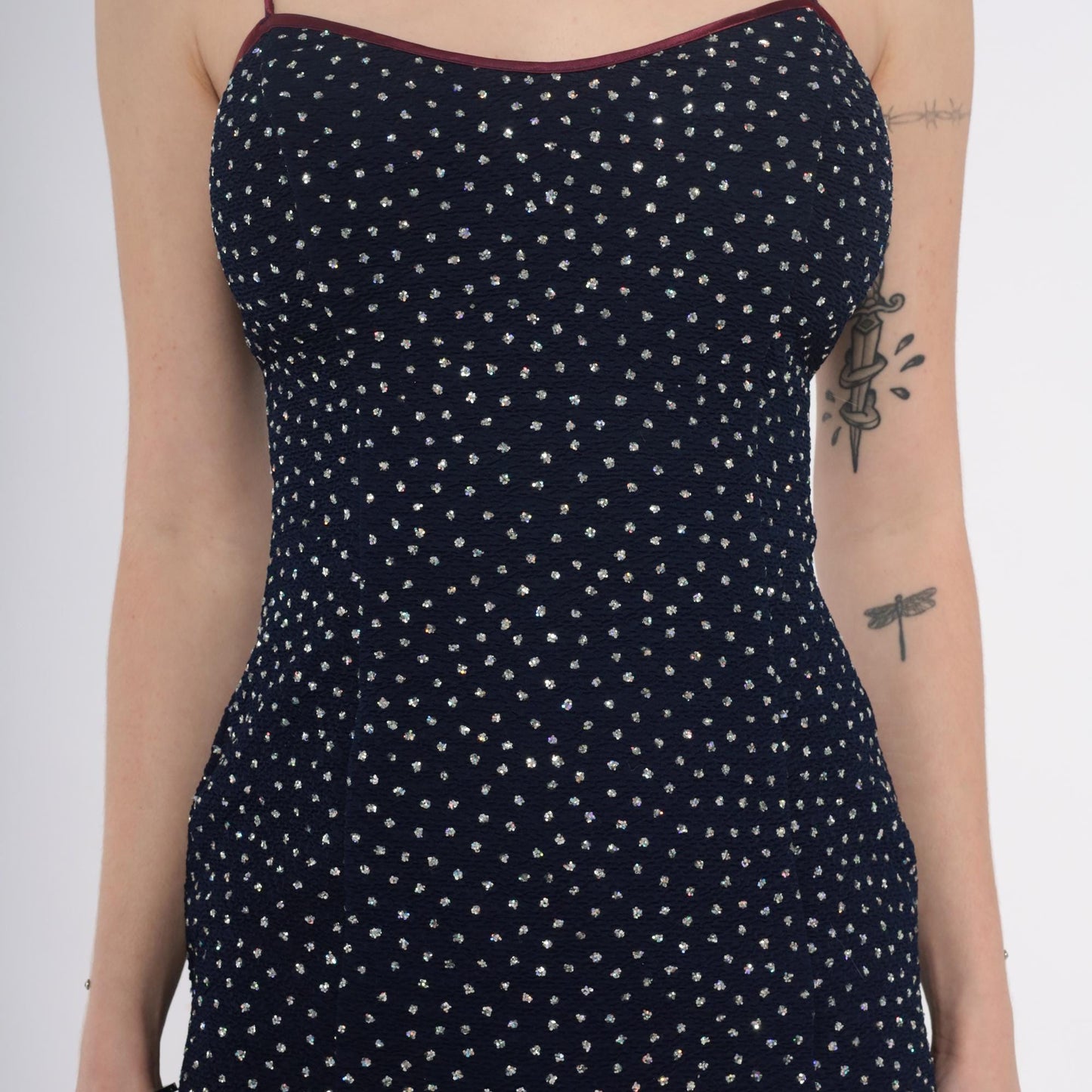 90s La Glo Dark Blue Mini Slip Dress Silver Glitter Dots Spaghetti Strap Small